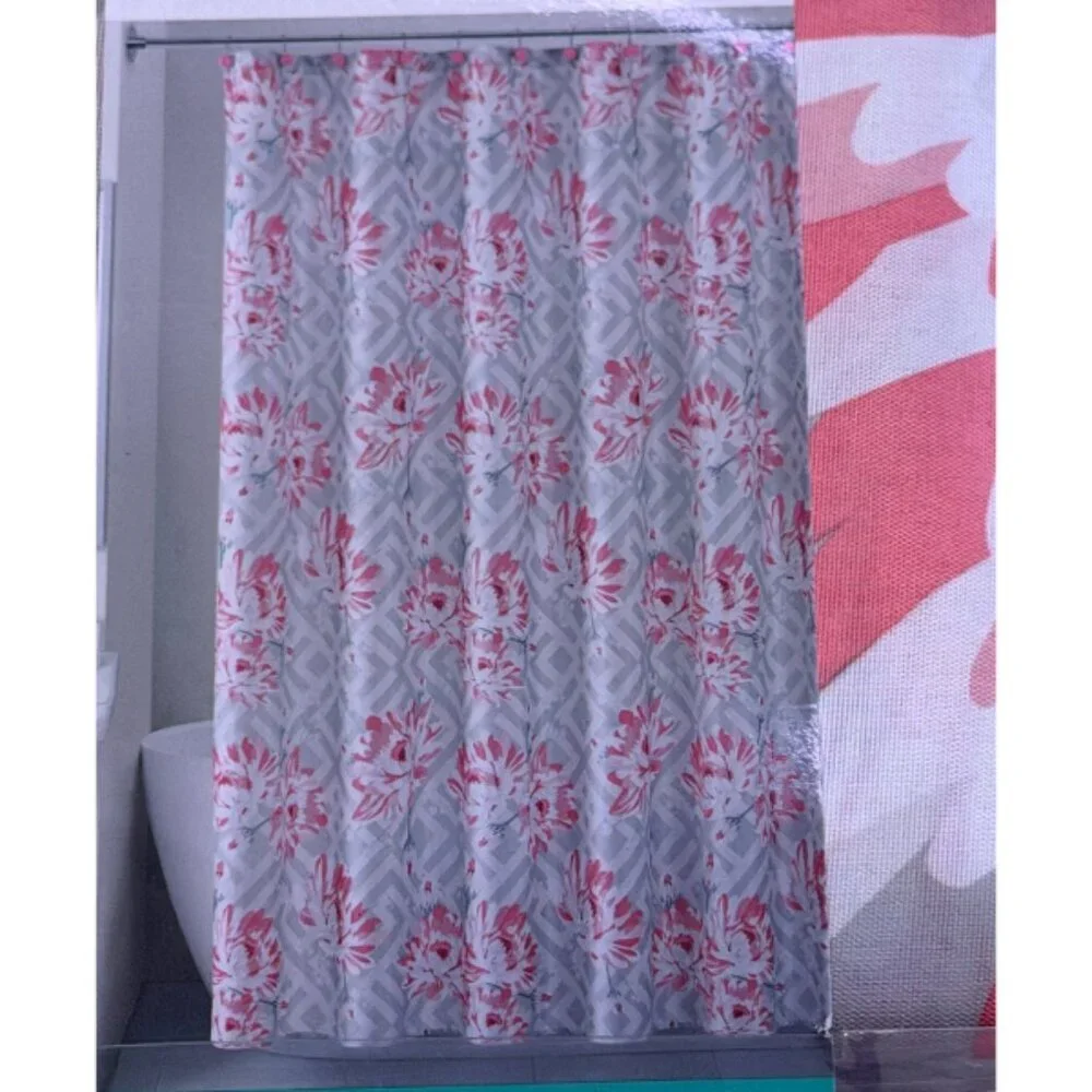 Comfort Bay 13-Piece Shower Curtain Set – Pink Chrysanthemum Floral with 12 Hook